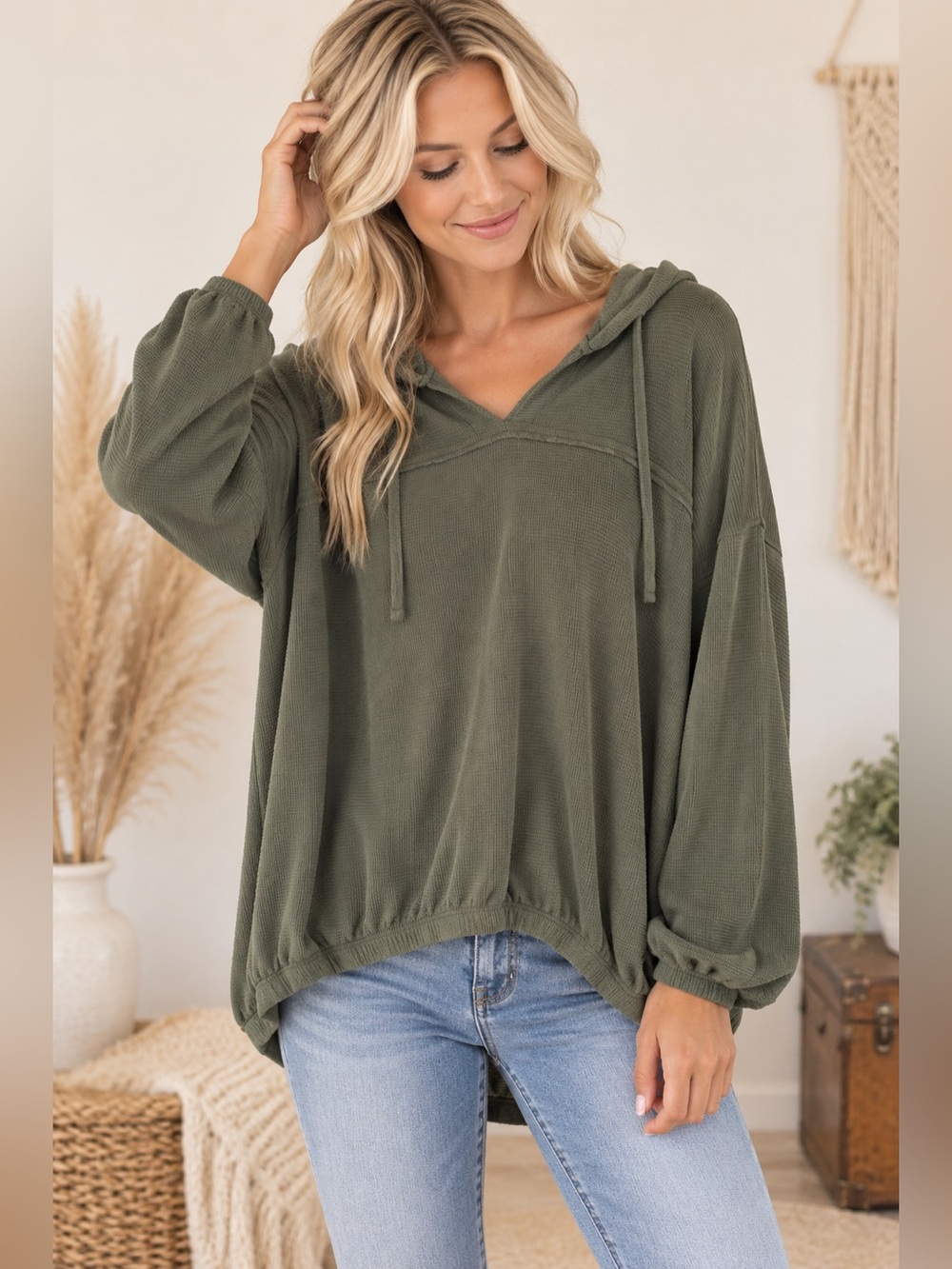 Westbound Olive Green Waffle Knit Hooded Top